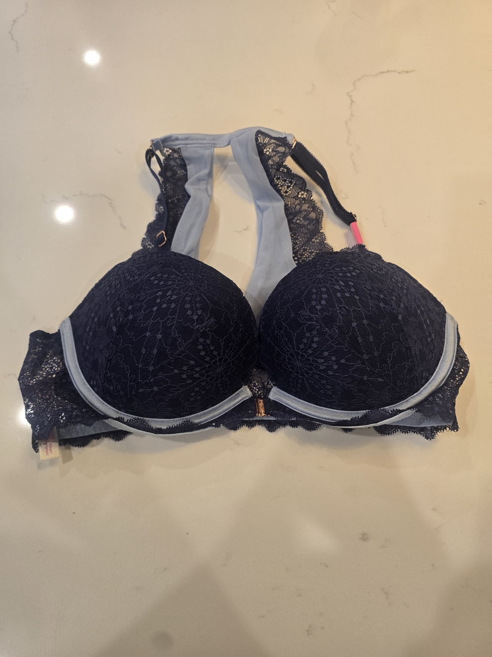 Victoria's Secret Navy Lace Push-Up Bra with Light Blue Accents